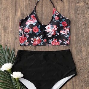 Floral High-Waist Women's Swim Set - Black & Red